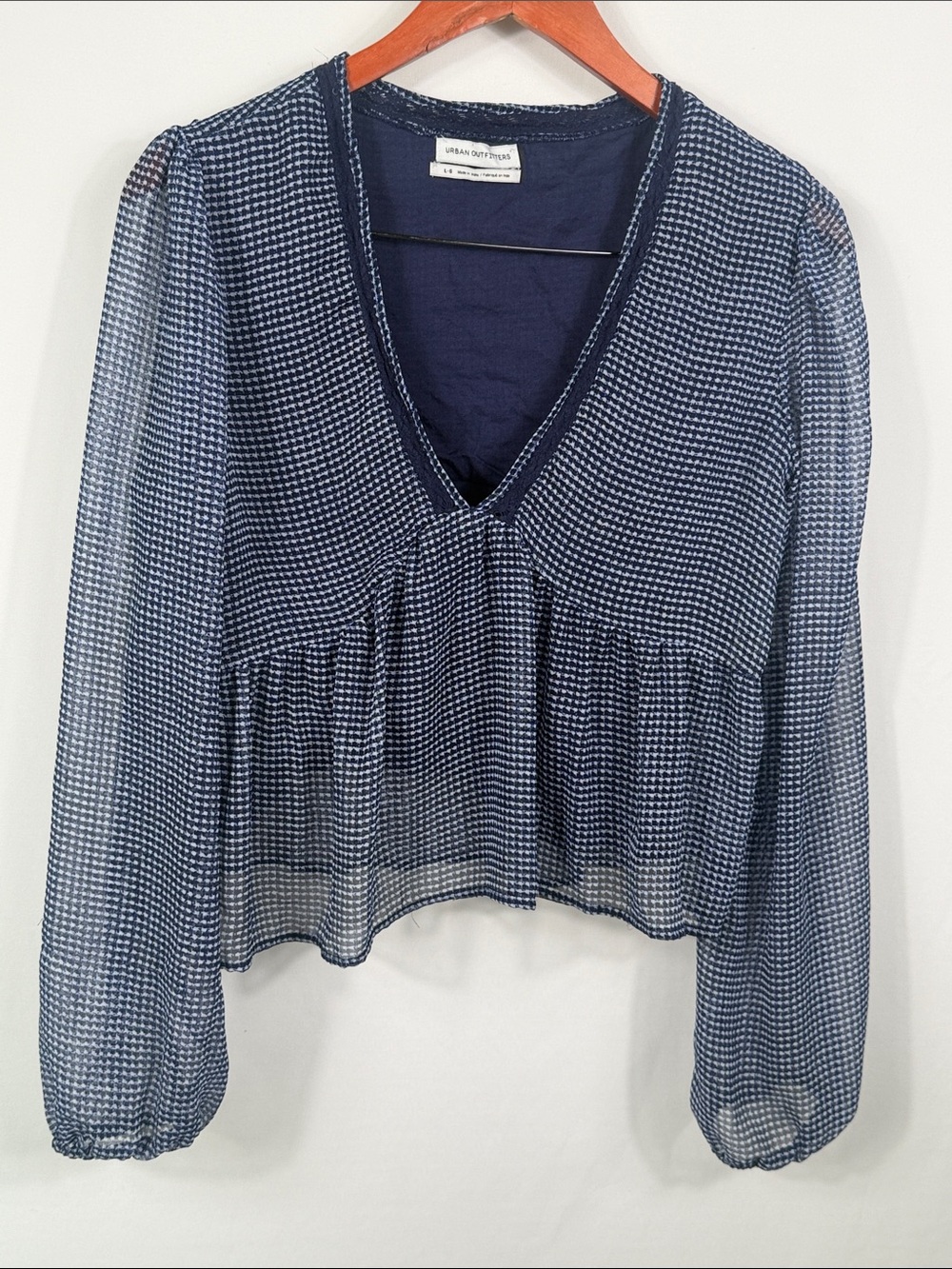 Urban Outfitters Navy & White Sheer V-Neck Long-Sleeve Blouse. Womens Size L